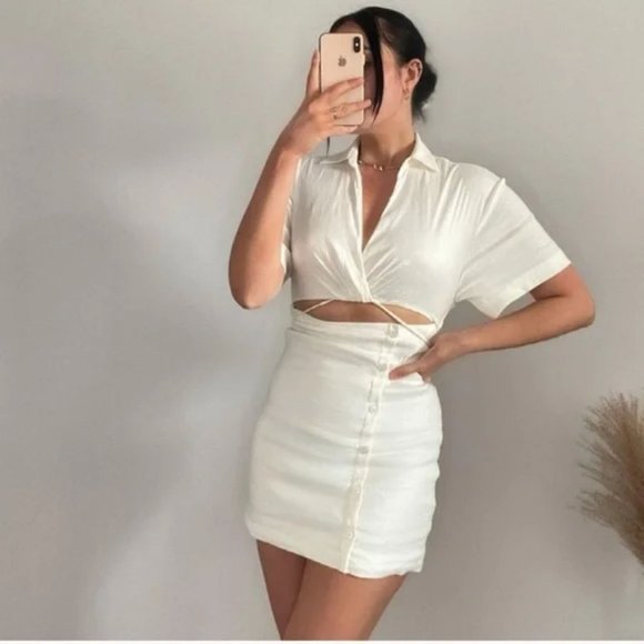 ZARA CutOut Linen Blend Collared Button Dress - Picture 3 of 15